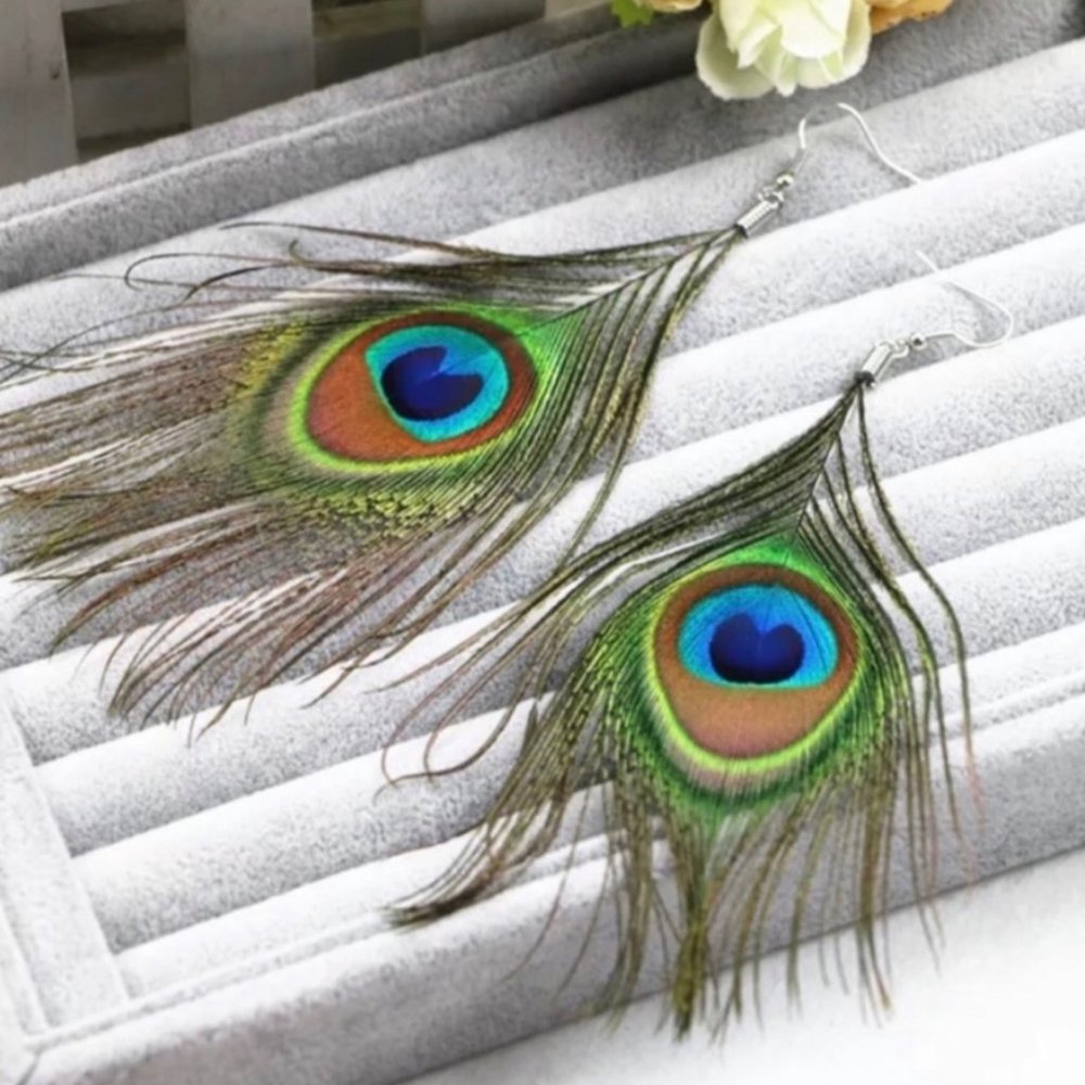 💝Peacock Feather Drop Earrings JE01 - Picture 1 of 3